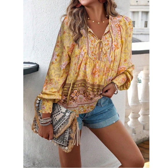 Yellow Floral Printed Boho Long Sleeve Blouse Loose Fit Neck Ties - Picture 2 of 8